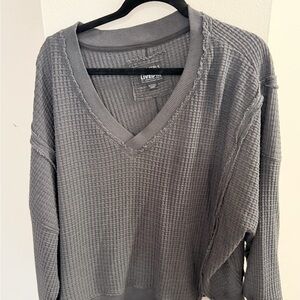 American Eagle AE Oversized Big Hug Waffle V Neck Sweater Pullover Gray Grey